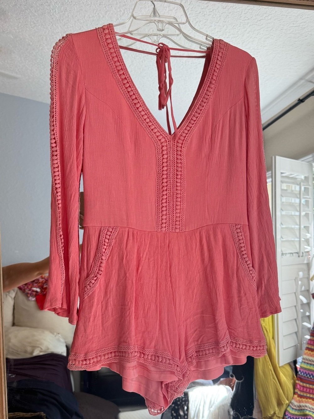 Tea n Cup Coral V-Neck Long Sleeve Tunic Romper